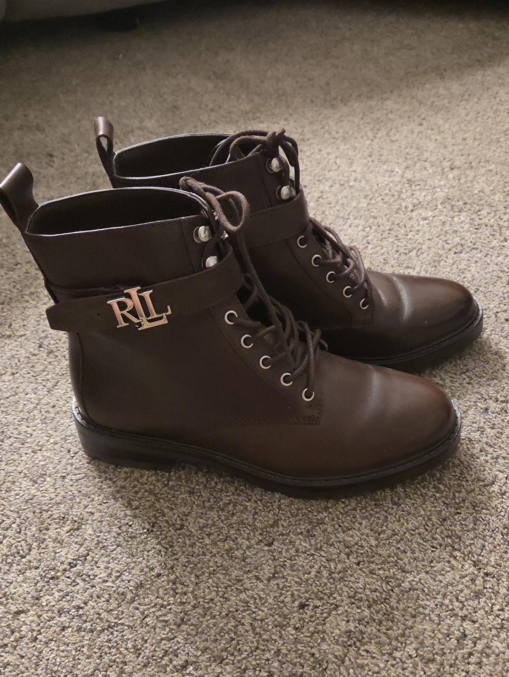 Lauren Ralph Lauren Eldridge Brown Burnished Calf Leather Combat Boots Size 6.5